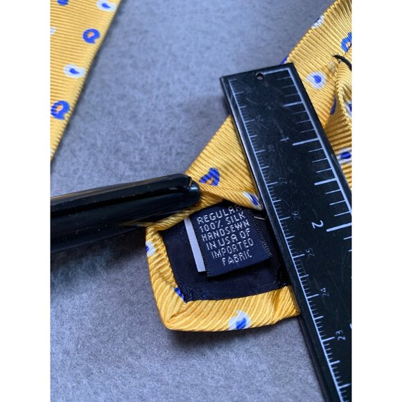 Lands End Mens Yellow Silk Tie Necktie Blue Paisley Dot Made in USA - Picture 3 of 4